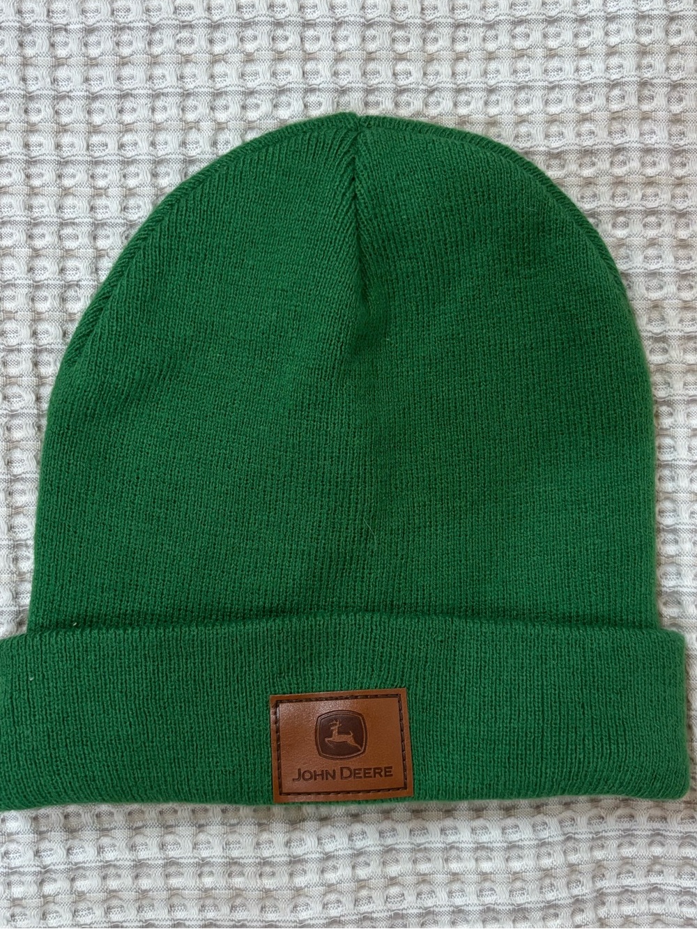 John Deere Green Knit Cuffed Beanie with Leather Logo Patch